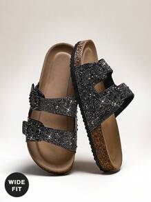 SHUZIA Sandalias planas de chancleta con plataforma de corcho, abertura en la punta y doble hebilla con brillantes de rhinestone para mujeres de talla grande, cómodas, lujosas y brillantes. - Negro - Ver 7