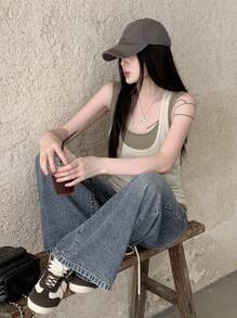 DAZY 女式纯色休闲时尚系腰牛仔裤 - 中等水洗藍 - 查看 6