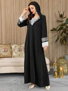 Al Najma 女式长袖刺绣双色连帽阿拉伯风格连衣裙 - 黑色 - 查看 3