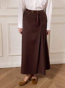 Briarwyn 女士简约优雅褶皱 A 字纯棕色半身裙，夏季复古风格女士商务休闲女装工作服 - 鏽棕色 - 查看 5