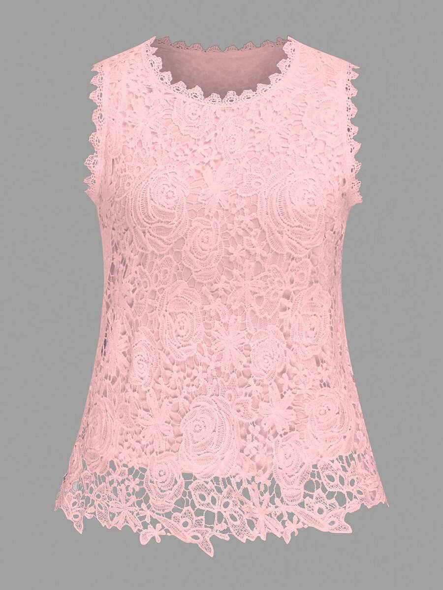 SHEIN Clasi 大码女式圆领无袖花卉蕾丝花边优雅上衣吊带背心 - 粉色 - 查看 1
