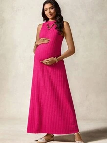 Boho Mama 孕妇时尚纯色高开叉无袖连衣裙，夏季 - 玫紅色 - 查看 5