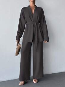 EURMUSE Two Pieces With Belt Details, Cozy Sets, Easy To Wear At Home And Outdoor - Dark Grey - View 7