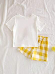 SHEIN Vintaside Kids Bộ trang phục 2 món cho bé trai - Họa tiết quả chuối dễ thương thời trang đa năng phù hợp với phong cách đồng quê kẻ caro phong cách Hàn Quốc - Màu vàng - Xem 2