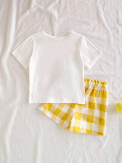 SHEIN Vintaside Kids 男宝宝两件套服装套装 - 香蕉水果印花可爱时尚百搭百搭田园乡村风格子韩版