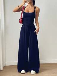 Flirla Casual Pleated Loose Wide Leg Jumpsuit, Spring/Summer