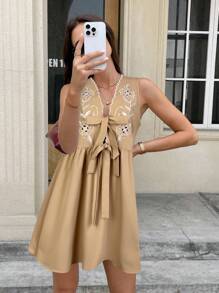 Serisse Women's Summer Casual Hollow Embroidery Mini Dress Brown - Khaki - View 3