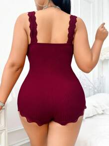 DUSKBASE Plus Size Women Wine Red Solid Color Lace Trim Ruffle Decor Knit Jumpsuit Sleepwear Lace Bodysuit - Burgundy - View 2