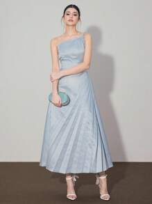 Modelyn Elegant Pleated Twist Shoulder Strap Dress For Women - Blue - View 5