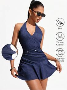 Flexra 女式性感露背吊带迷你牛仔连衣裙（夏季） - 中等水洗藍 - 查看 1