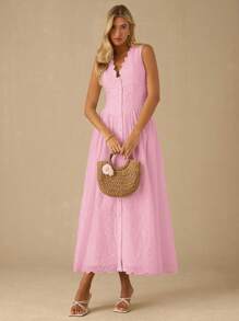 Enchnt 女士优雅纯色镂空刺绣纽扣前开长裙 - 淺粉色 - 查看 7