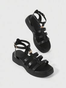 HighSole Women's Spring T-Strap Buckle Sandals, Chunky Platform Wedge Shoes, 2024 Summer New Round Toe Thick Heel Beach Sandals - Black - View 3