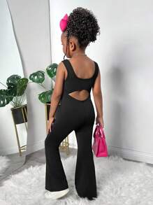Sleeveless Knit Backless Jumpsuit, Cute Casual Everyday Versatile Fashionable Style For Young Girls Girls Black Jumpsuit Girls Jumpsuit Black Girls Jumpsuit Kids Black Jumpsuit Teen Jumpsuit - Black - View 3