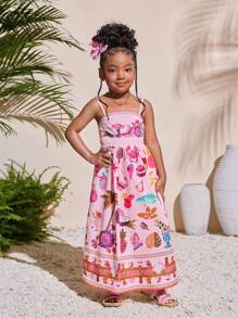 小女孩热带印花无袖连衣裙，夏季海滩度假兄弟姐妹装（2 件单独出售） - 粉色 - 查看 4