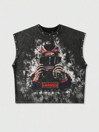 Street Life خزان علوي طباعة مرسوم مغسول ذو نمط قصير فضفاض مزدان بالدبابيس للرجال