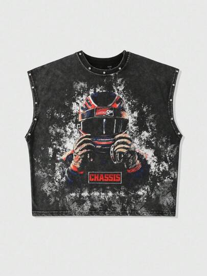 Street Life Parte superior tipo tank con estampado lavado con remaches y tachuelas para hombres, de estilo corto y suelto