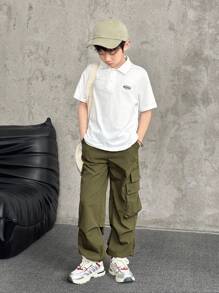 SHEIN Tween Boy Casual Round Neck Short Sleeve T-Shirt And Pants 2 Pieces Set, Elegant Style Suitable For Summer, School, Campus, College