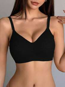 DAZY 纯色无缝无钢圈轻薄衬垫女士文胸内衣 - 黑色 - 查看 5