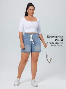 Flexra Shorts de mezclilla elástica de punto de tela suave de color azul claro casuales y de vacaciones para mujer de talla grande