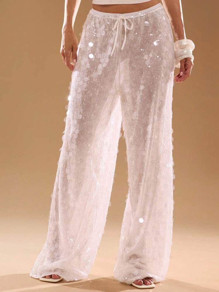 SHEIN x Eduarda Gutierrez SHEIN BAE Women's Summer White Sequined Patchwork Drawstring Waist See-Through Loose Pants, Casual Trousers, Loose Wide-Leg Trousers,  Sequined Trousers, Vacation Trousers,Boho Clothes Women,Beach Outfits,Going Out - White - View 5