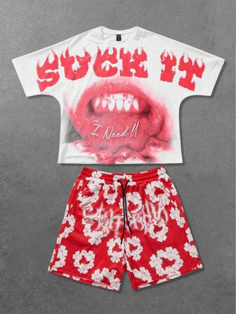 Street Life Couple's Street Style Graphic Tee Set, Short Lip Print English Letter Design Casual T-Shirt Set