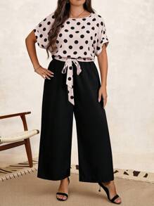 SHEIN Clasi Plus Size Women Polka Dot Print Butterfly Sleeve Loose Jumpsuit - Pink - View 3
