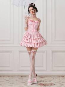 ROMWE EDITION Women's Vintage Palace Style Multi-Tier Ruffle Textured Satin Dress, Suitable For Wedding - Pink - View 9