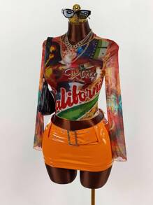 Amplova 2件套女士全印花圆领长袖上衣和纯色迷你裙 - 橘色 - 查看 1