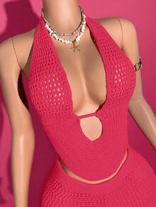 Slaydiva 2pcs/Set 2025 Summer Hot Pink Women Crochet Two Piece Set Knitted Halter Backless Top+Ruffle Hem Mini Shorts Outfit Boho Vacation Holiday Leisure - Hot Pink - View 5