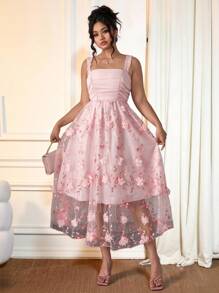 Cravure Plus Size Women's Elegant French Off Shoulder Solid Light Pink Sleeveless Floral Splice Romantic Long Dress, High Quality, Spring/Summer