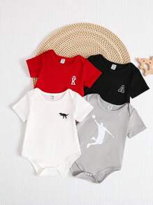 SHEIN Playful Pals Juego de 4 Piezas de Ropa Casual de Verano para Niños Bebés - Manga Corta en Blanco, Negro, Gris, Rojo. Tela Suave y Cómoda, Adecuada para Vacaciones, Viajes, Escuela, Reuniones Diarias, Primavera/Verano y Festivales