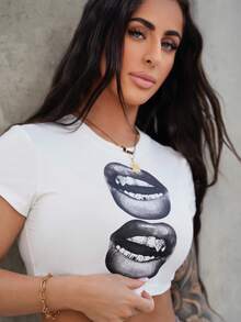 SAYEHFBABY Casual Simple Black Lip Print Round Neck Short Sleeve Cropped Tight Fit T-Shirt For Women, Summer Back To School Clothes - White - View 5