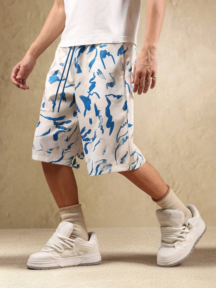 Short plissé coupe décontractée à imprimé abstrait artistique