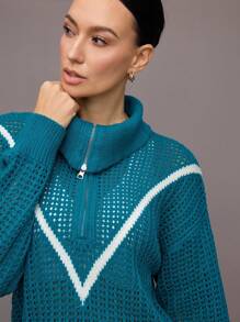 Activina Damski sportowy sweter z dzianiny z półzamkiem i wyciętym kołnierzem