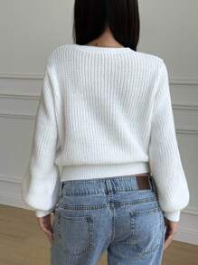 SHEIN 少女圆领泡泡袖短款长袖基本款白色毛衣 - 白色 - 查看 2