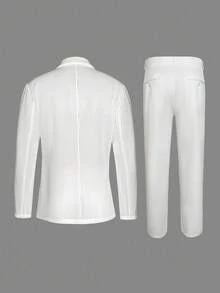 Manfinity Mode 2pcs Men's Solid Color Lapel Collar Long Sleeve Jacket And Pants Suit Set - White - View 2