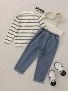 Playful Pals 2pcs/Set Toddler Boys Casual Fashion Embroidery Stripe Print Collar Sweatshirt And Denim Pants Outfit, Suitable For Autumn/Winter, Sporty, Comfortable, College Style For Photo Shoot And Party Fall