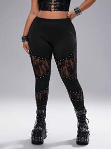 Whyspr Leggings vintage grunge punk casual avec design de ruban en dentelle contrastée, tailles plus