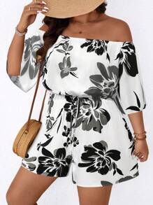 SHEIN Holidaya 大码女式休闲印花露肩连体裤