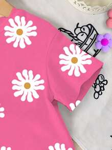 SHEIN Conjunto de 2 piezas de camiseta de manga corta con cuello redondo y estampado floral retro, y leggings de punto para bebé niña - Multicolor - Ver 3