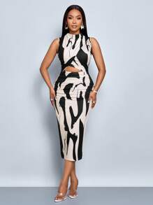 SOLERSUN 女士优雅扎染印花褶边简约休闲镂空无袖长裙，适合约会派对（随机花卉图案） - 杏色 - 查看 5