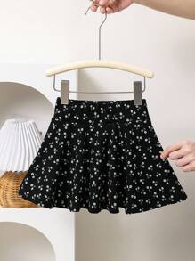 Young Girl Woven Ditsy Floral Wide Leg Shorts For Spring/Summer Outings, Mom And Daughter & Sisters Matching Style, Matching Family Vacation, Holidays, French, Cute & Elegant & Sweet & Vintage & Fashionable.Great For Casual & Daily Wear & School Daily. Girls Skirts With Shorts., Skirts With Built In Shorts - Black - View 2