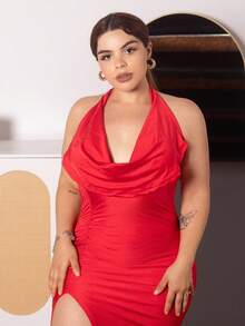 Lupita Cardoza Draperad Fram Rygglös Split Lår Halter Neck Rygglös Klänning För Nyår Kläder Maxi Dam Outfit - Röd - Visa 6