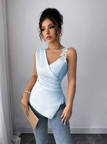 Elenzga Women's Elegant Satin Sleeveless Asymmetrical Lace Trim Camisole Tank Tops, Suitable For Casual Daily Life, Parties And Gatherings - Baby Blue - View 3