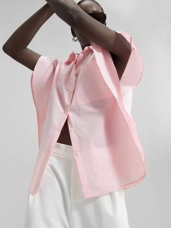 Ontre Camisa suelta de bolsillo de un solo pecho de manga de murciélago de unicolor otoño 2025, camisa rosa claro, parte superior de vacaciones, camisa interesante, parte superior de playa, parte superior de fiesta, parte superior básica, parte superior de festival, parte superior social, parte superior de fiesta de mujer, casual versátil para ir y venir, festival de música, vestimenta casual de negocios para mujer, vestimenta de oficina para mujer, vestimenta profesional para mujer, camisa abotonada