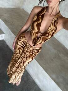 Aloruh 女士驼色宽松领口露背吊带上衣 - 棕色 - 查看 6