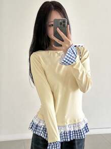 DAZY 女式格子拼接喇叭袖扭肩休闲T恤长袖女式上衣 - 黃色 - 查看 3