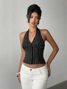 Aloruh 女士棉质条纹立领单排扣薄款西装外套，秋冬款 - 黑色 - 查看 6