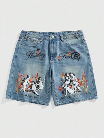 Street Life Men's Flame And Angel Print Pocket Fashion Denim Shorts