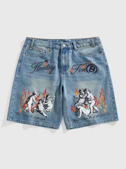 Street Life Men's Flame And Angel Print Pocket Fashion Denim Shorts